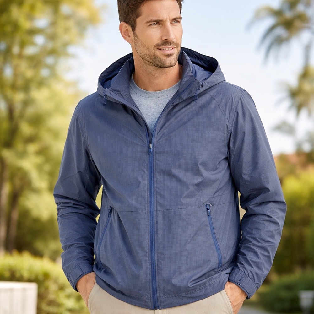 Johnston & Murphy Mens Hooded Jacket Blue Full Zip Lined Midweight Casual Coat L